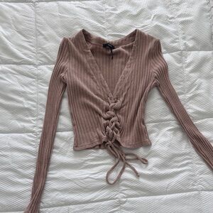 Forever 21 Mauve Ribbed Lace-Up Blouse